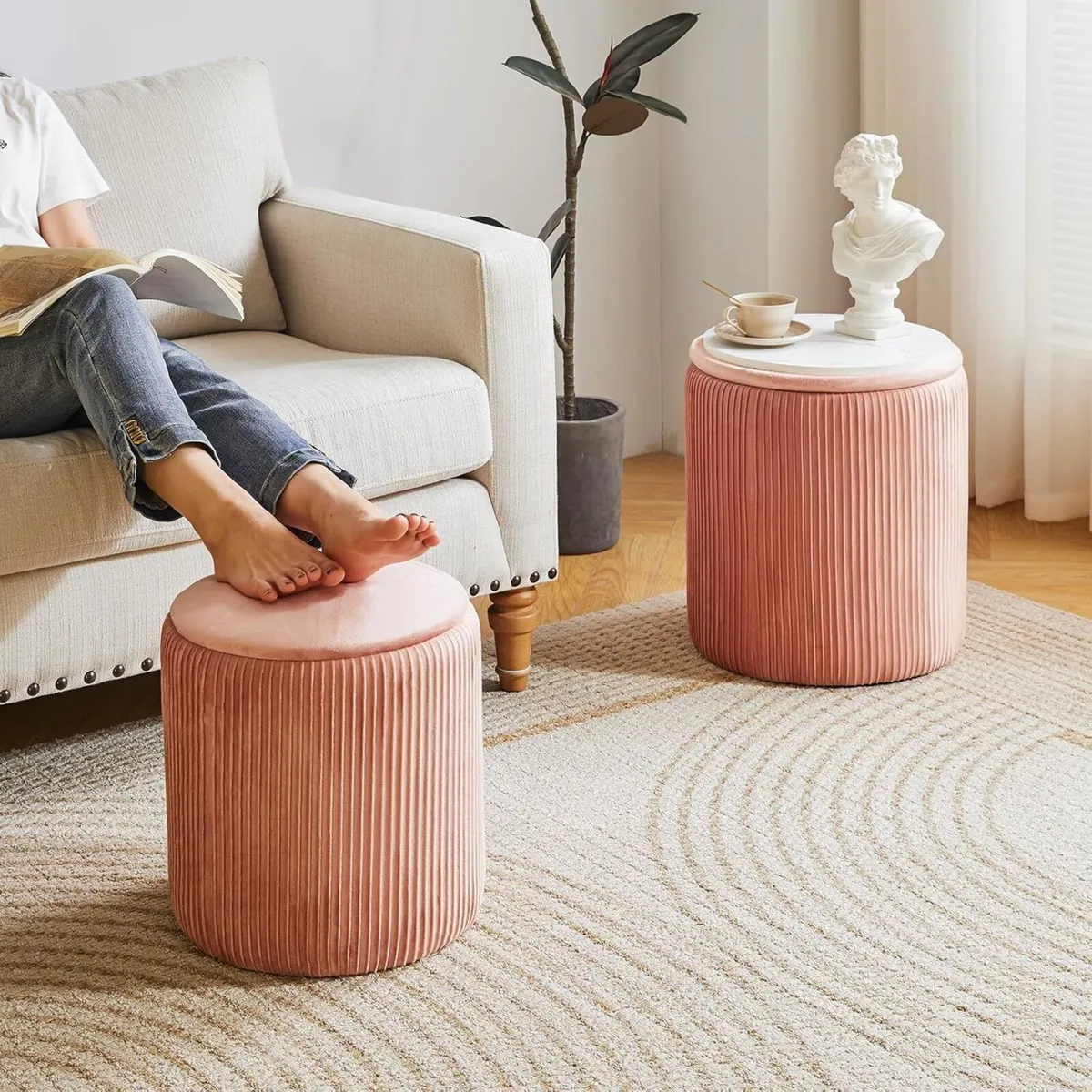 Set of 2 Round Ottoman with Storage Velvet Vanity - Image 4