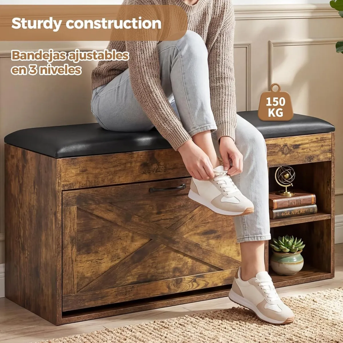 Shoe Bench with Cushion Storage Padded Seat - Image 4