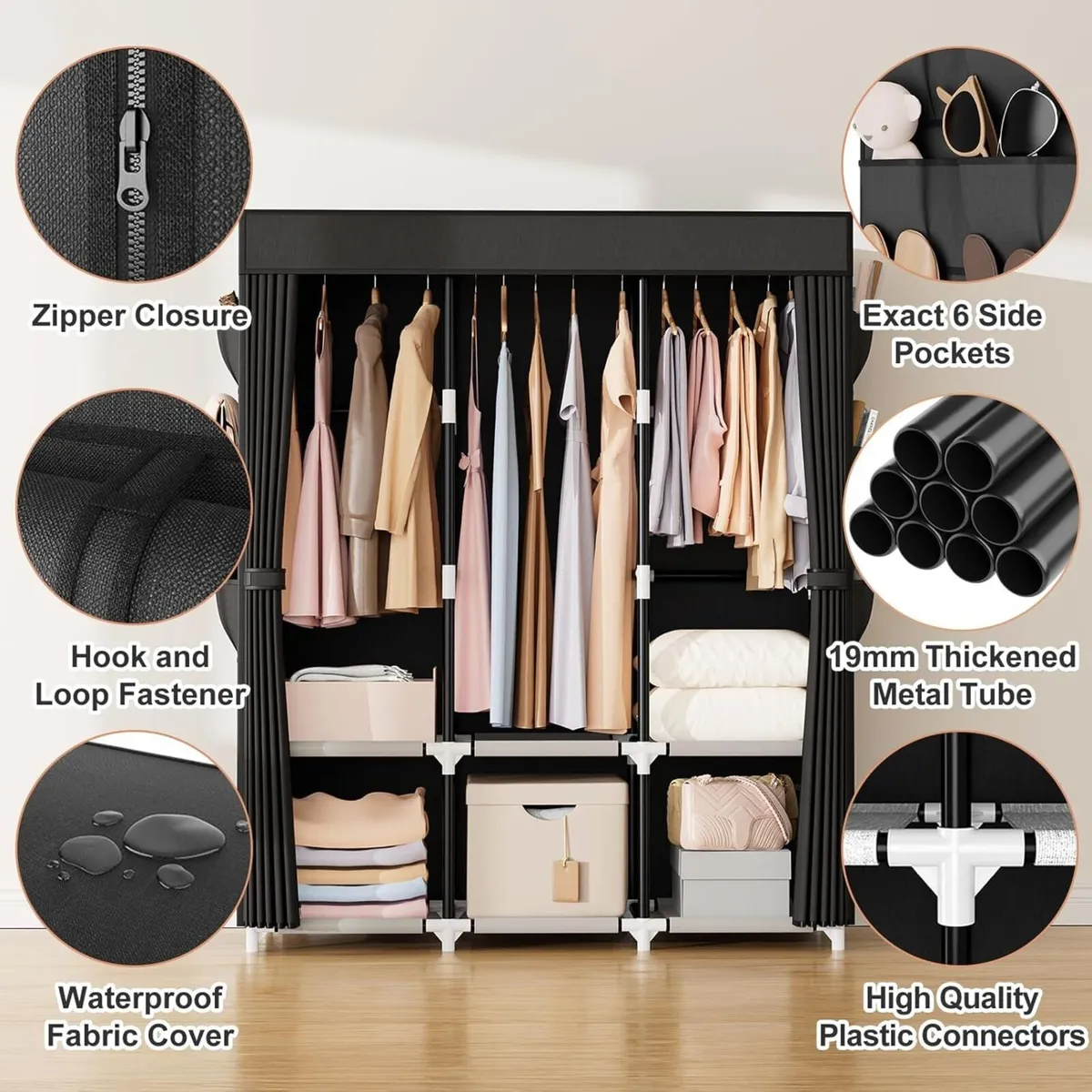 Wardrobe Fabric with Cover 3 Clothes Rails 6 - Image 4