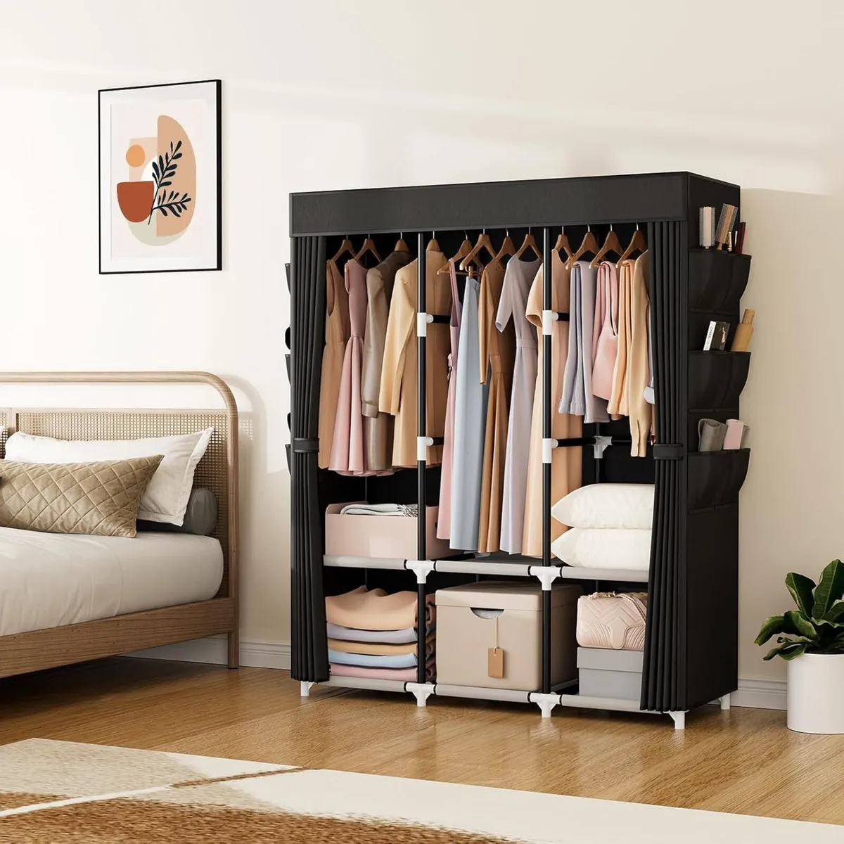 Wardrobe Fabric with Cover 3 Clothes Rails 6 - Image 2