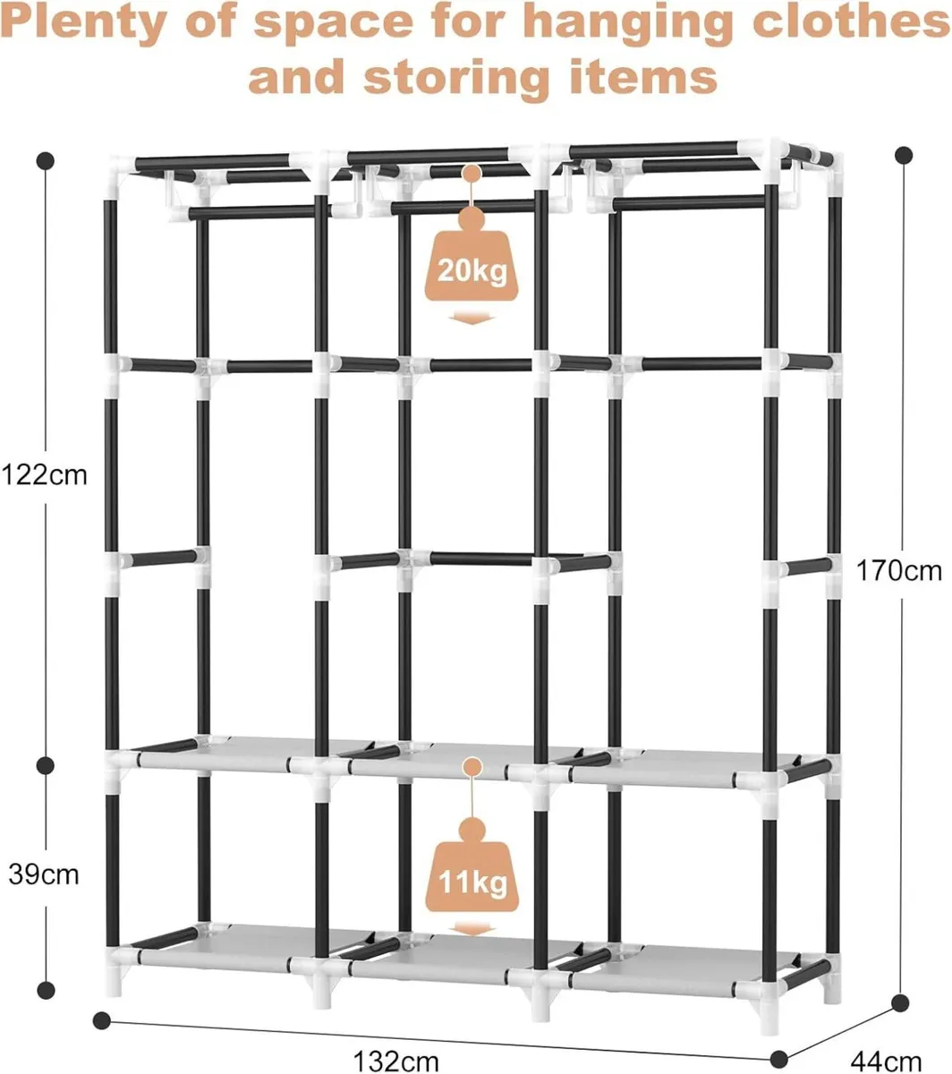 Wardrobe Fabric with Cover 3 Clothes Rails 6 - Image 3