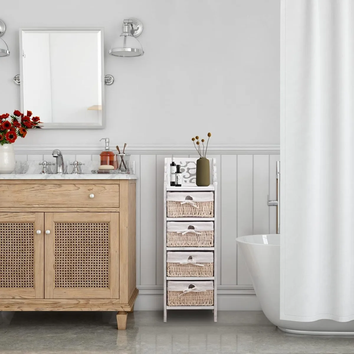 Chest of Drawers Bathroom Cabinet 4 Pine Wicker - Image 2