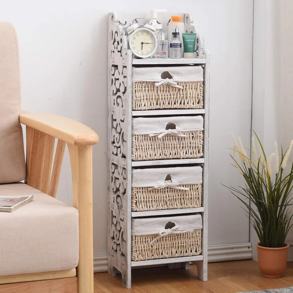 Chest of Drawers Bathroom Cabinet 4 Pine Wicker - Image 4