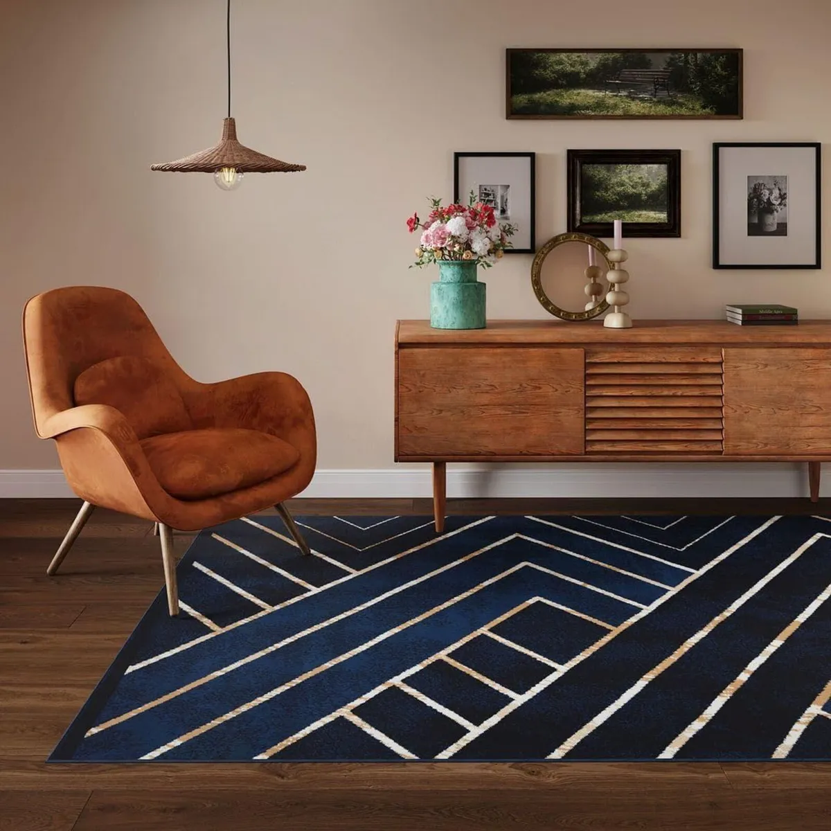 Modern Navy Blue Art Deco Living Room Area Rug - Image 2
