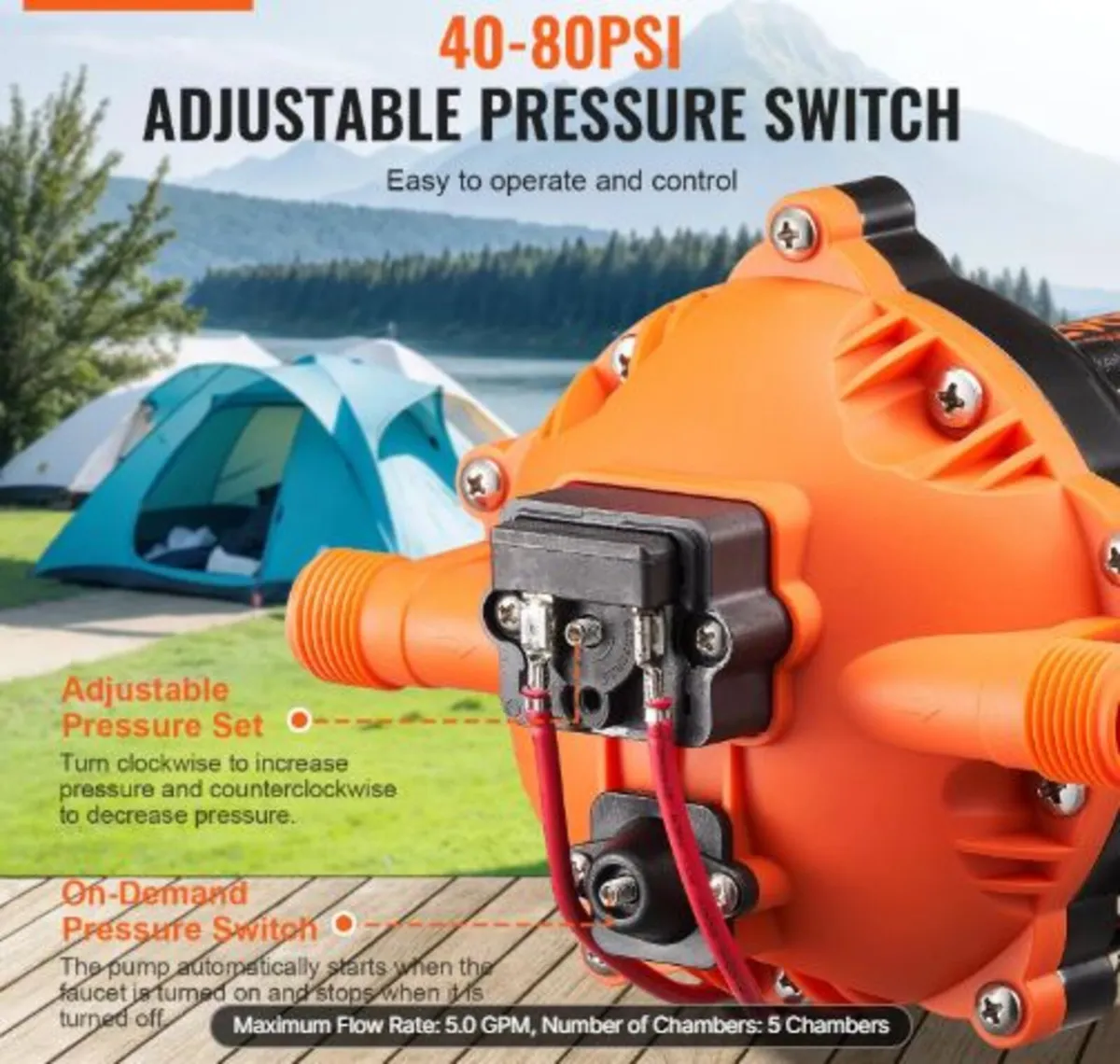 12V Diaphragm Pump, 5 GPM (18.93 L/min), 5-Chamber - Image 2