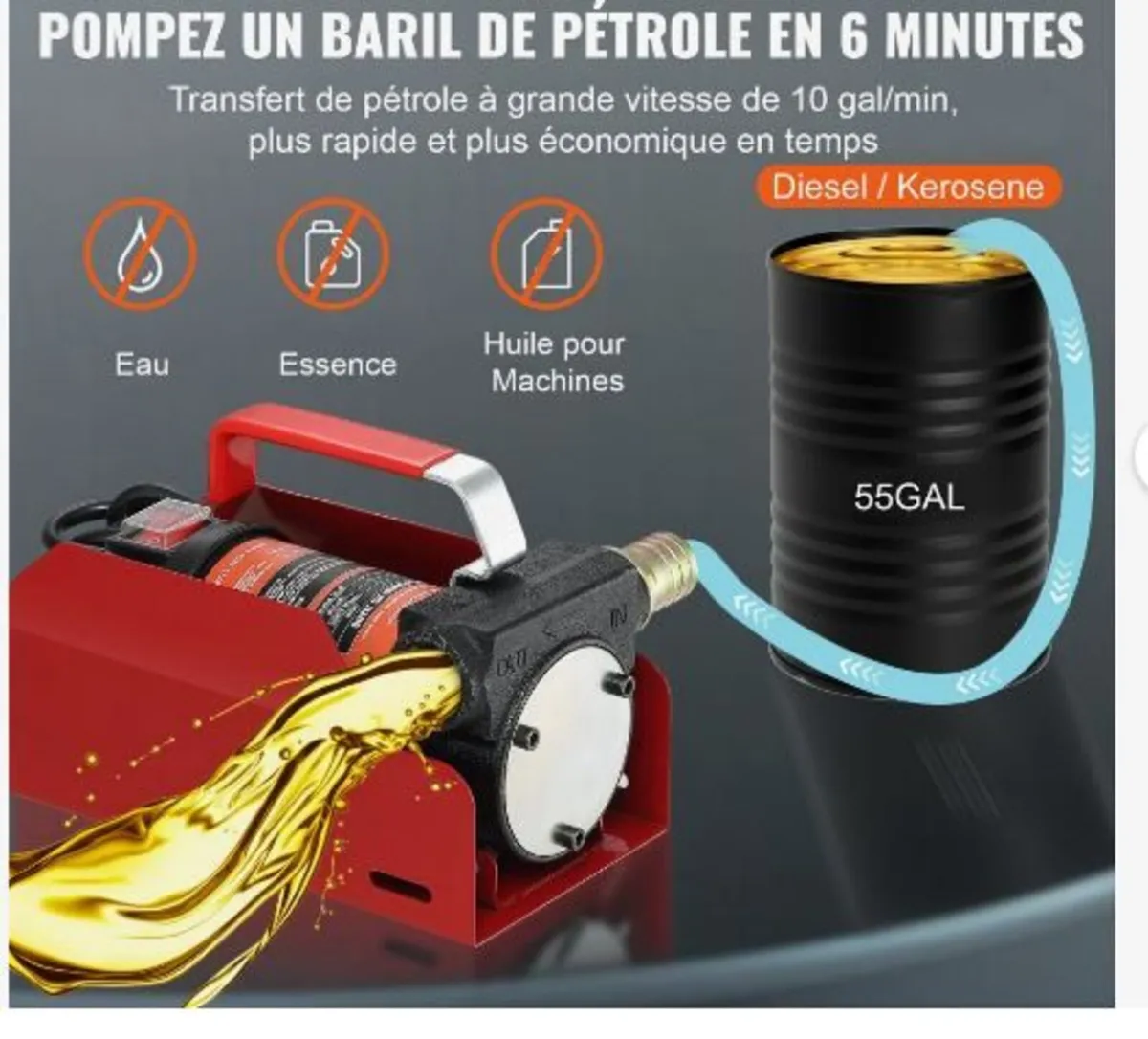 Fuel Transfer Pump, 12V DC 37.9 LPM 798.6 cm - Image 2