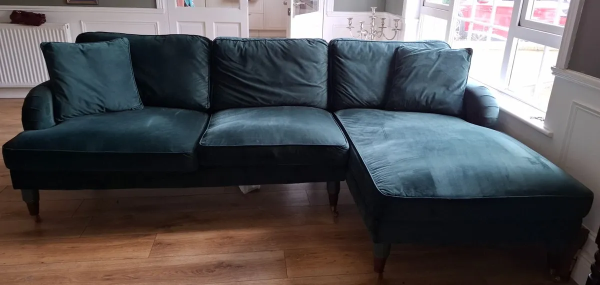 Green L shaped velvet couch - Image 1