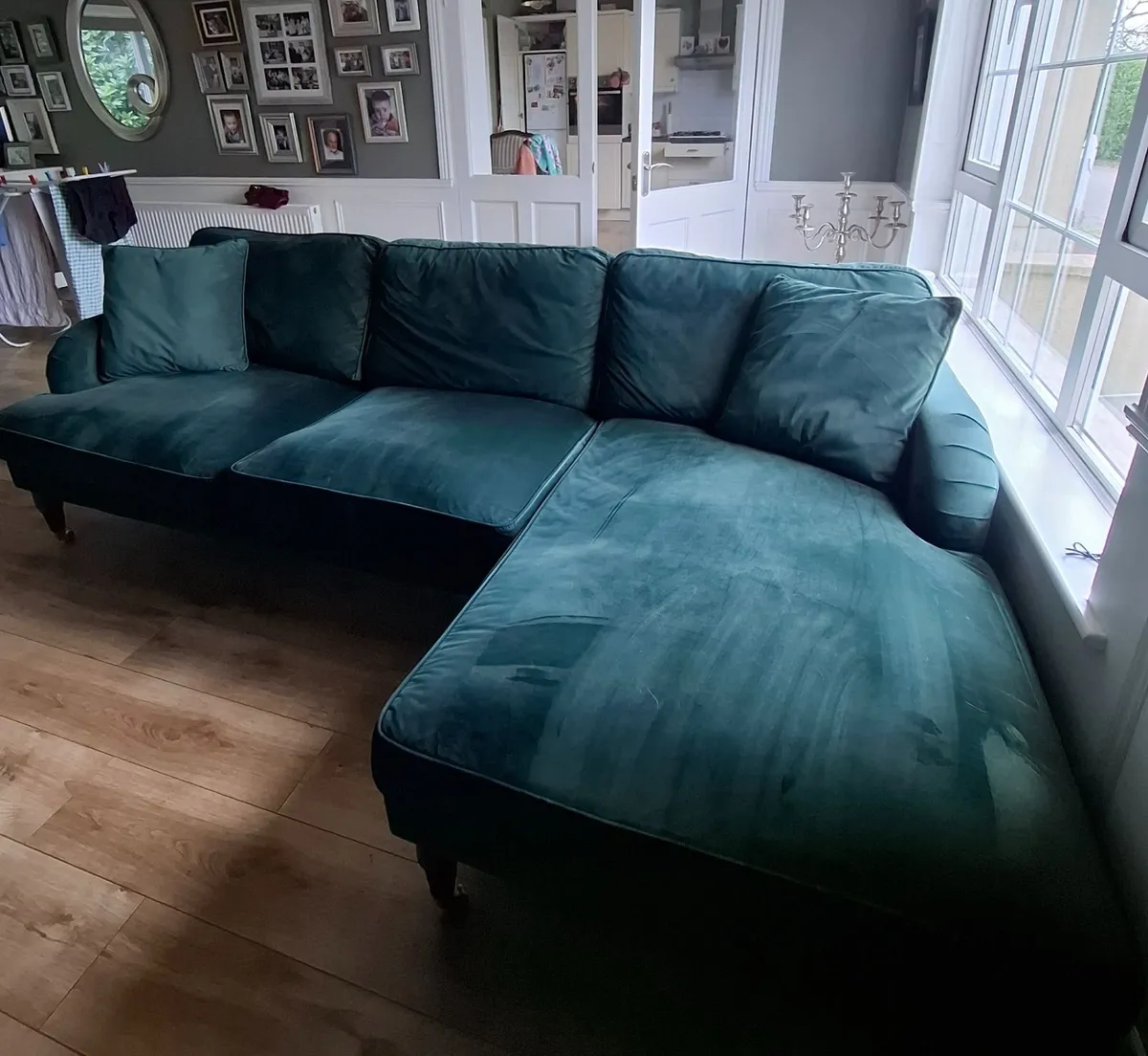 Green L shaped velvet couch - Image 3