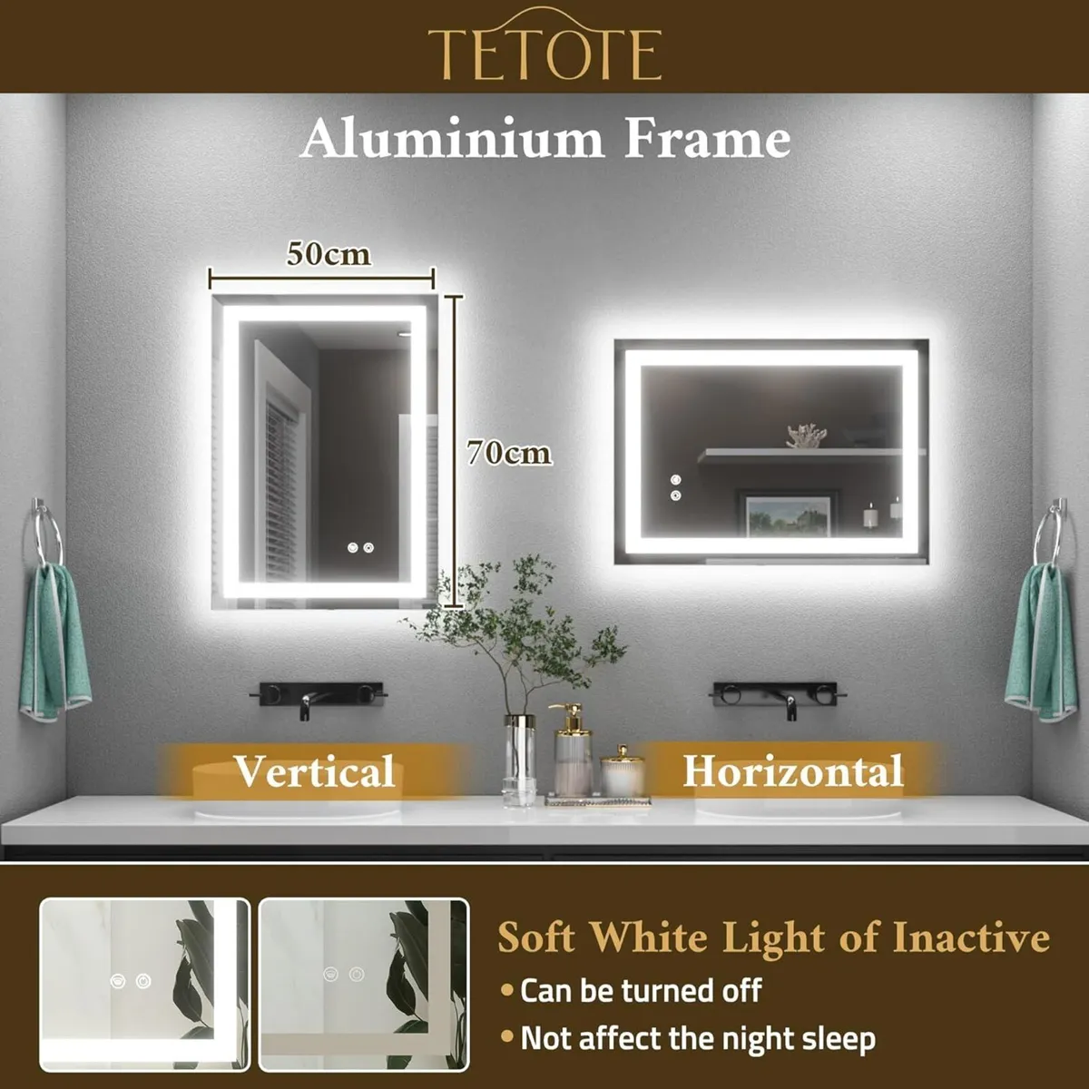 50x70cm Bathroom Mirror with Led Lights Antifog - Image 2