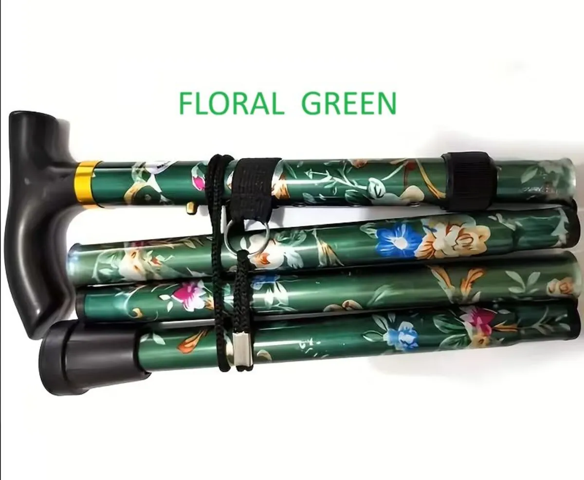 Folding Walking Stick, Floral Green - Image 2