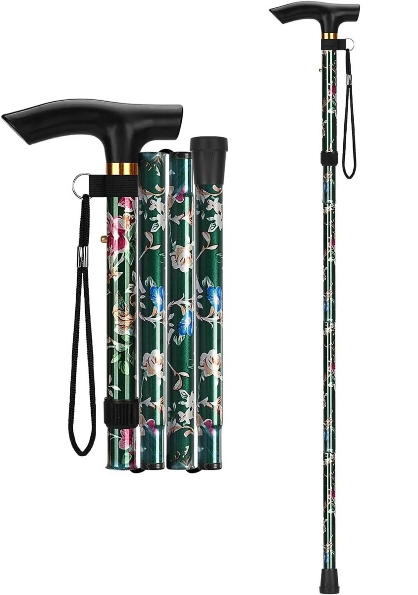 Folding Walking Stick, Floral Green - Image 4