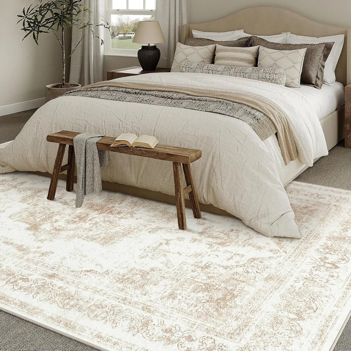 Vintage Cream Rugs Living Room Washable Non Slip - Image 3