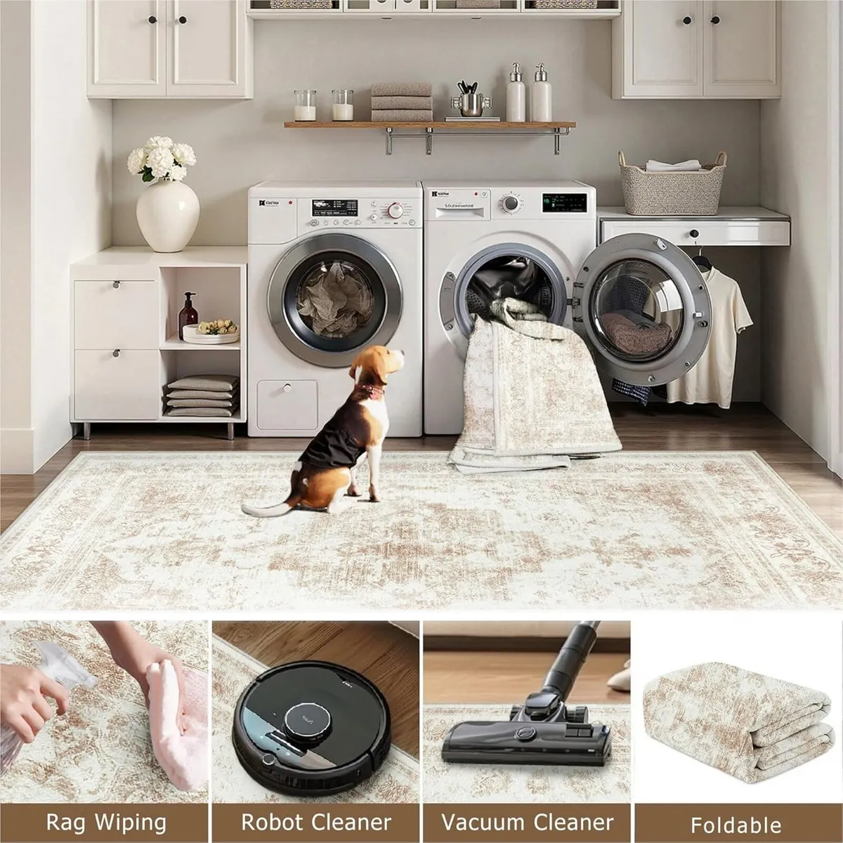 Vintage Cream Rugs Living Room Washable Non Slip - Image 4