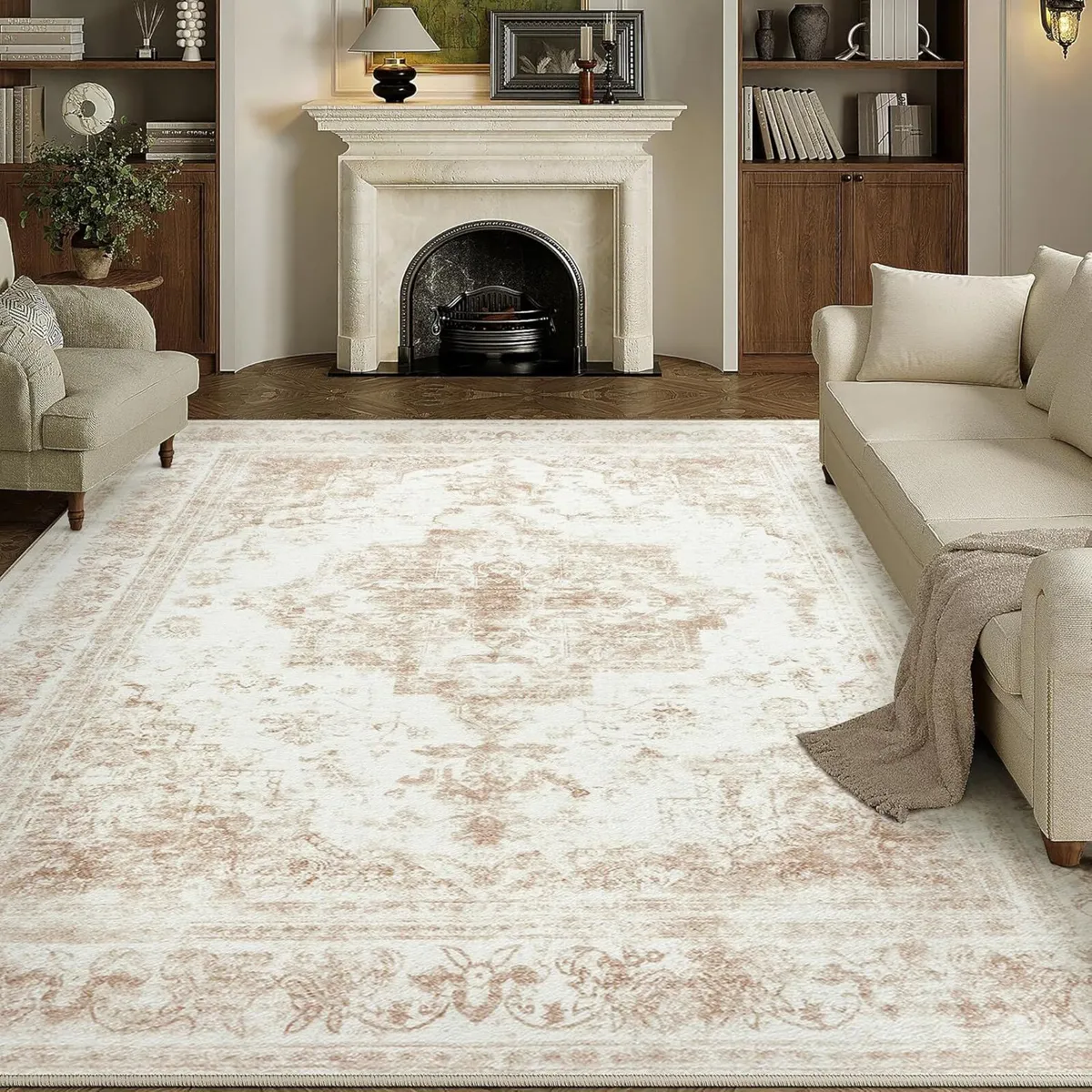 Vintage Cream Rugs Living Room Washable Non Slip - Image 1