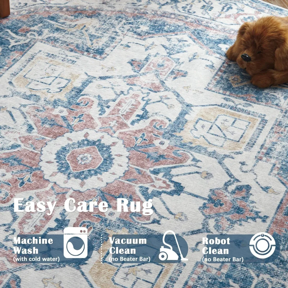 Area Rug 240x305cm Large Vintage Washable Navy - Image 3