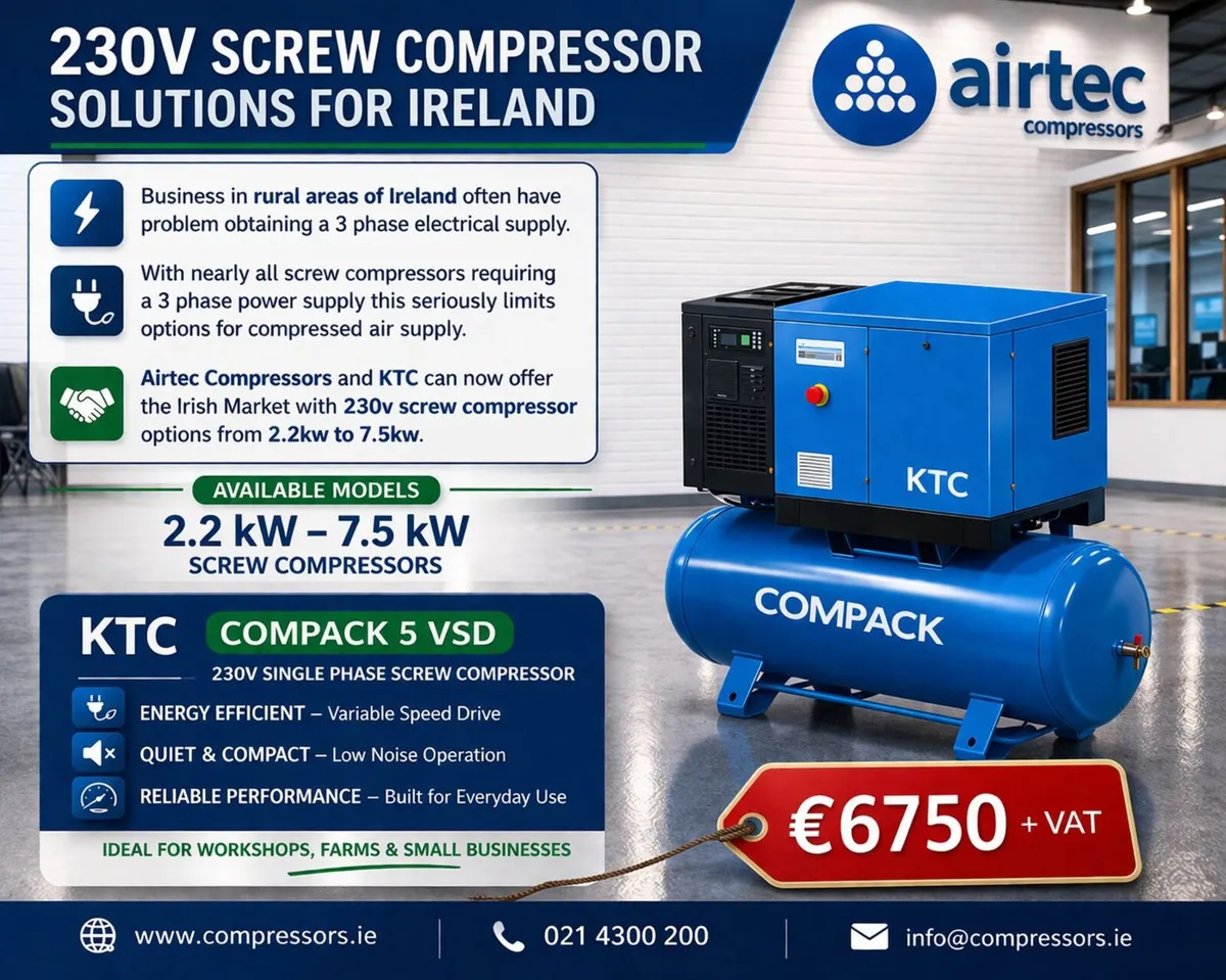 SCREW COMPRESSOR- 230v SINGLE PHASE -IN STOCK - Image 1