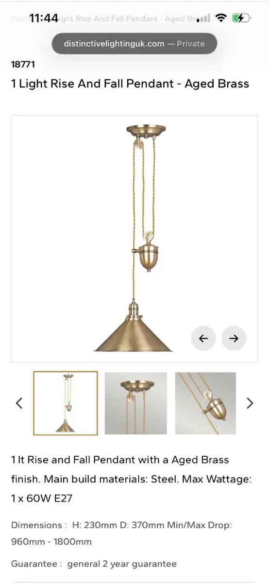 Aged Brass Rise & Fall Pendant Light - As New - Image 3