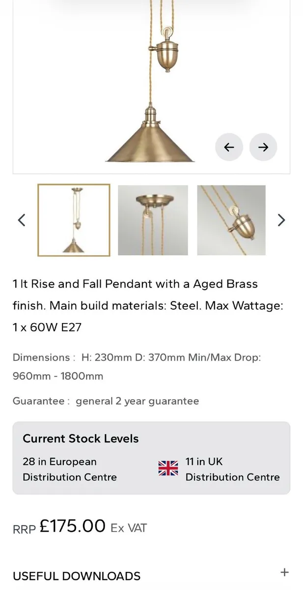 Aged Brass Rise & Fall Pendant Light - As New - Image 4