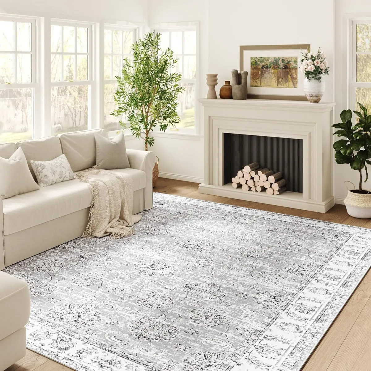 Large Rug 240x305cm Floral Grey Washable Non Slip - Image 1