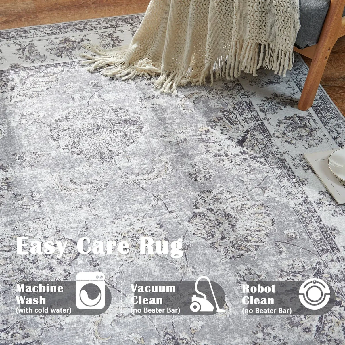 Large Rug 240x305cm Floral Grey Washable Non Slip - Image 2