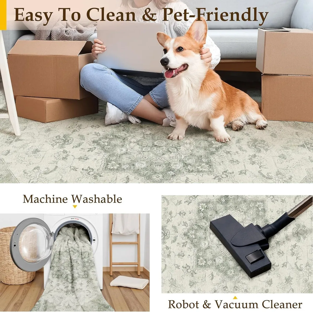 Vintage Washable Green Rugs Living Room Area Rug - Image 3