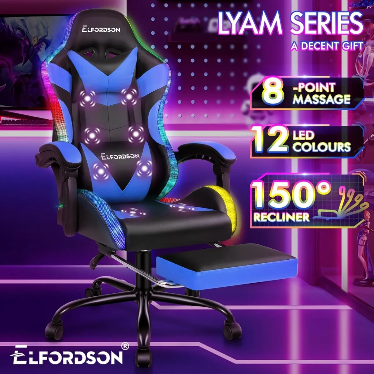 LED Gaming Chair with 8-Point Massage Ergonomic - Image 3