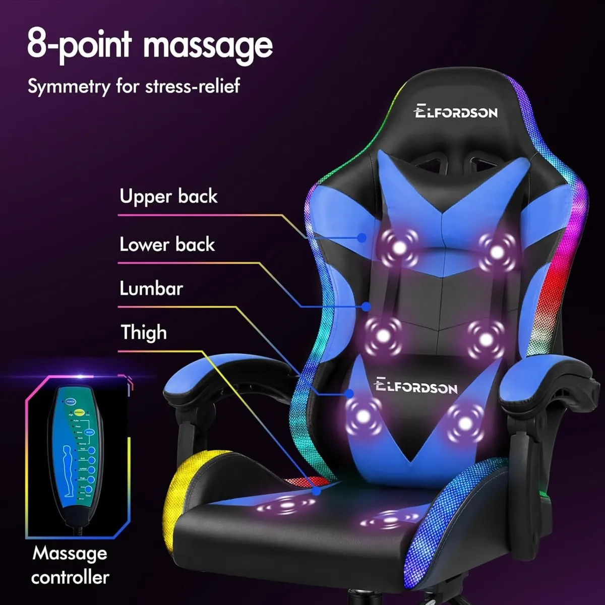 LED Gaming Chair with 8-Point Massage Ergonomic - Image 4
