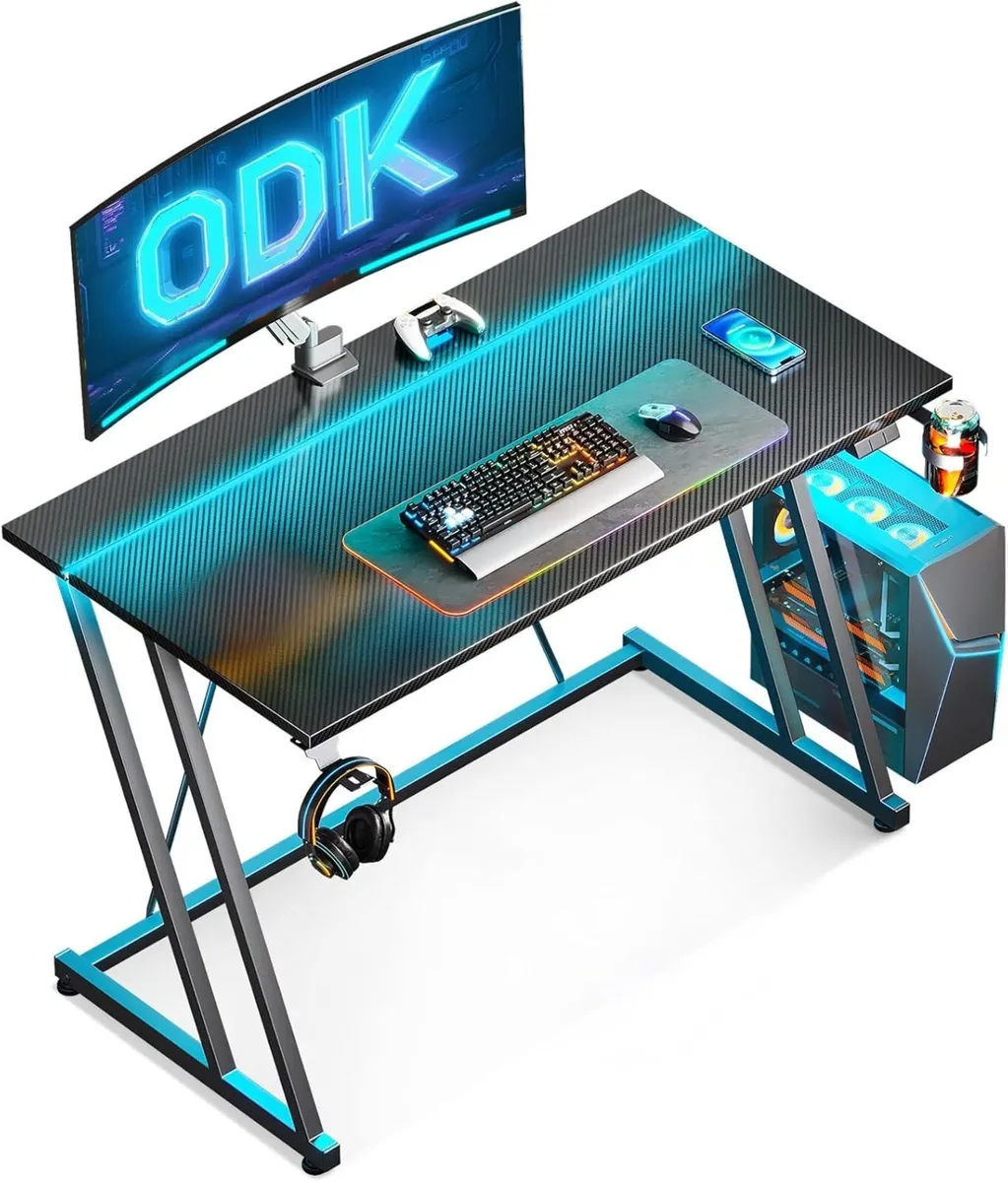 Gaming Desk with LED Lights Table Cup Holder and - Image 1