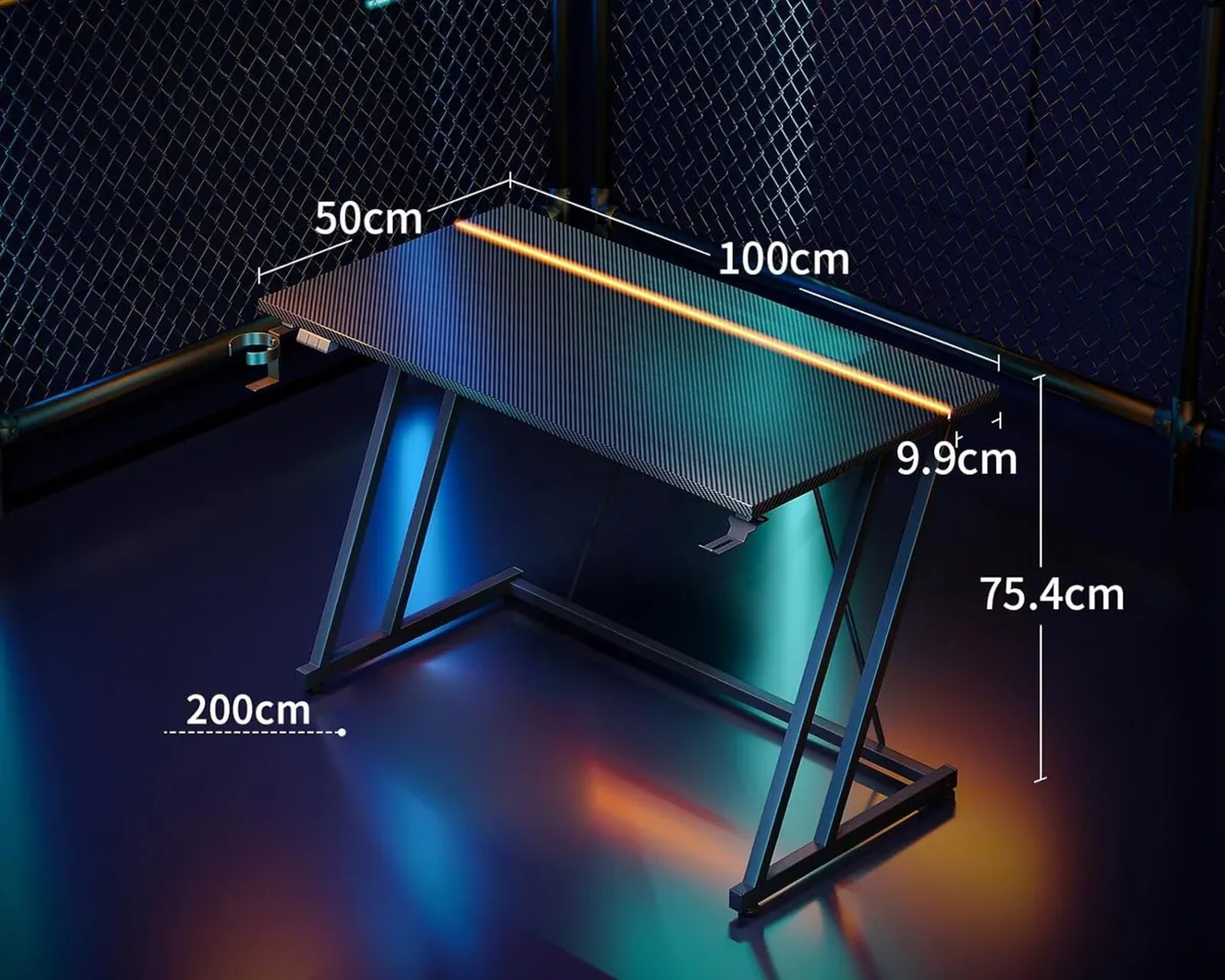 Gaming Desk with LED Lights Table Cup Holder and - Image 3