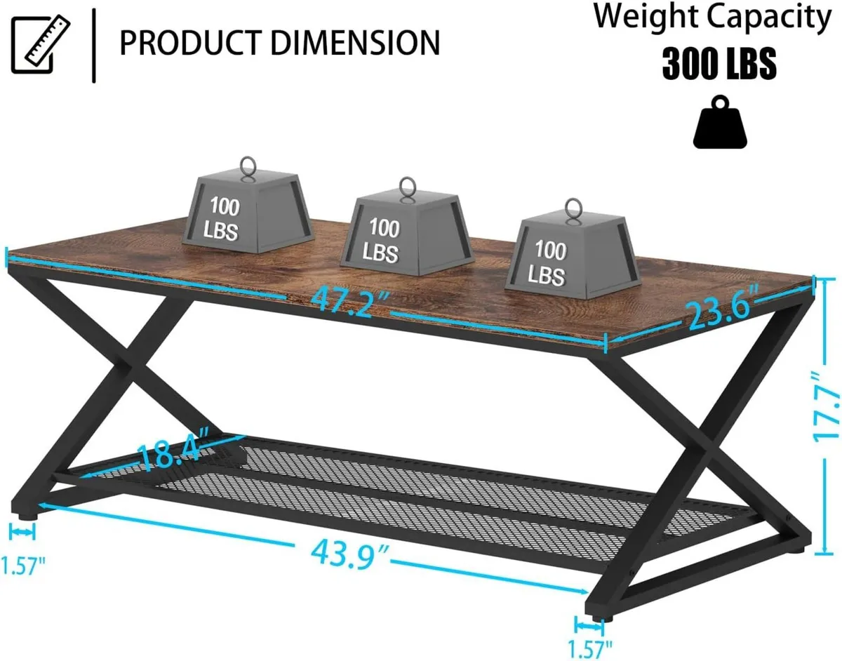 2 Tier Coffee Table Industrial Wood Metal Center - Image 2