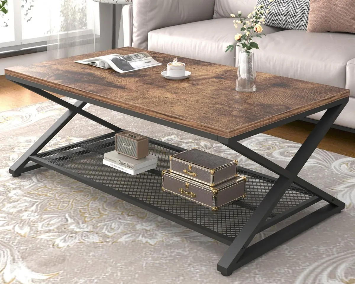 2 Tier Coffee Table Industrial Wood Metal Center - Image 1