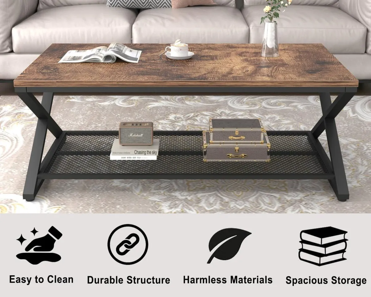 2 Tier Coffee Table Industrial Wood Metal Center - Image 4