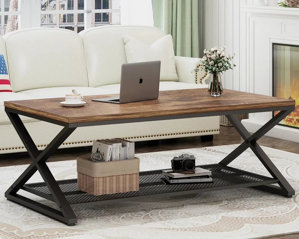 2 Tier Coffee Table Industrial Wood Metal Center - Image 3