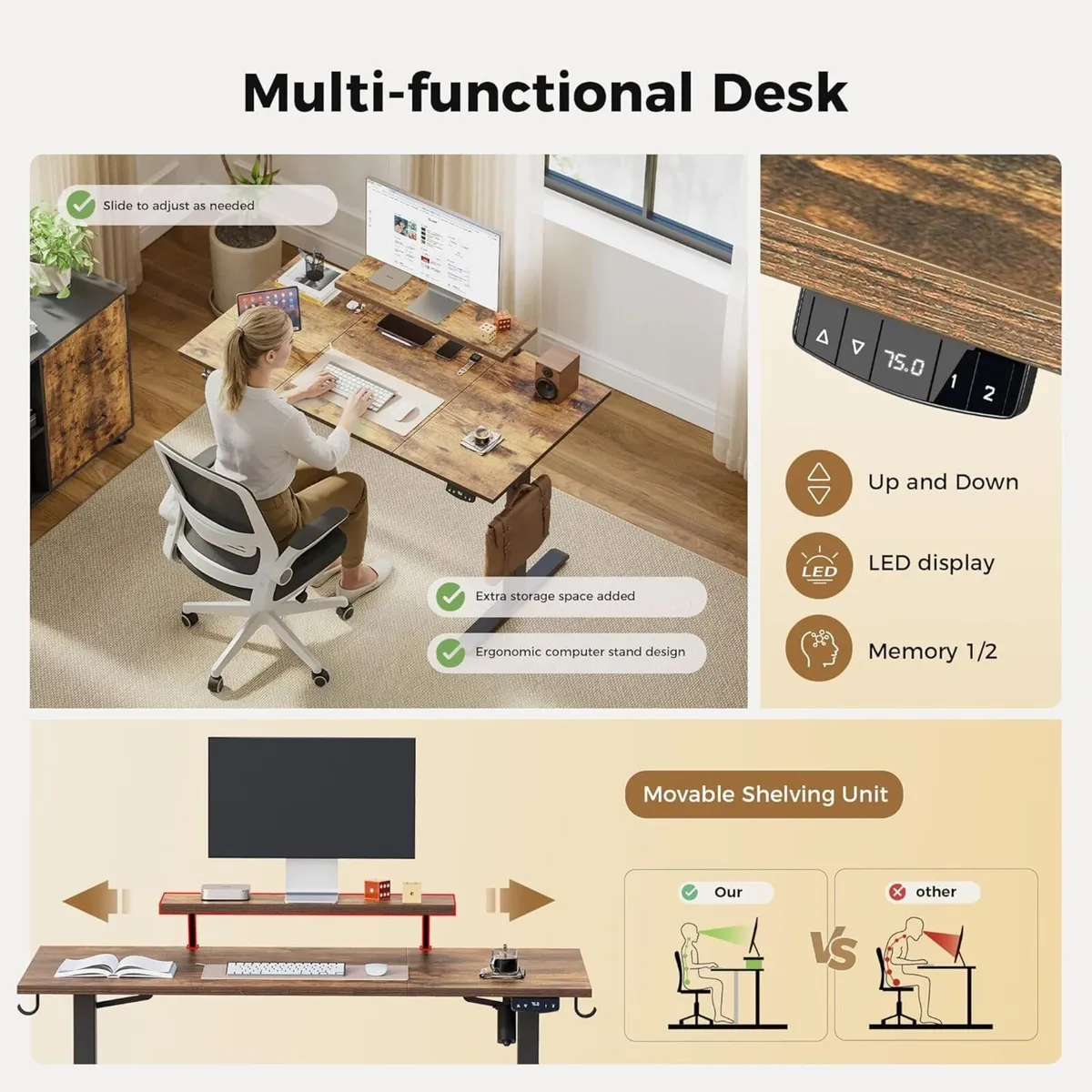 Electric Standing Desk with Movable Monitor Stand - Image 4