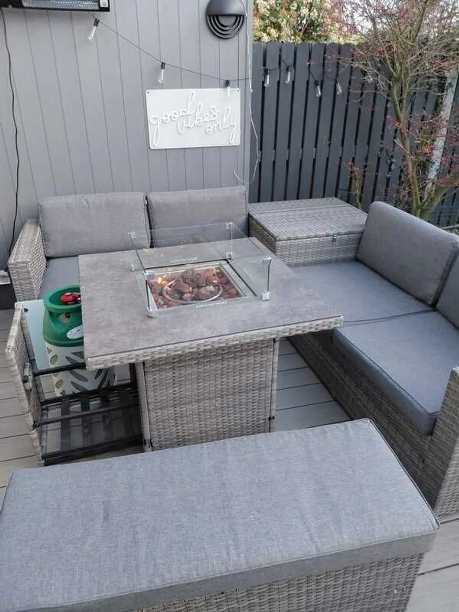 L Shaped Rattan garden funiture with firepit table - Image 1