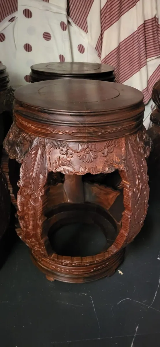 Antique Chinese Solid Wood Round Table 6 Stools - Image 2