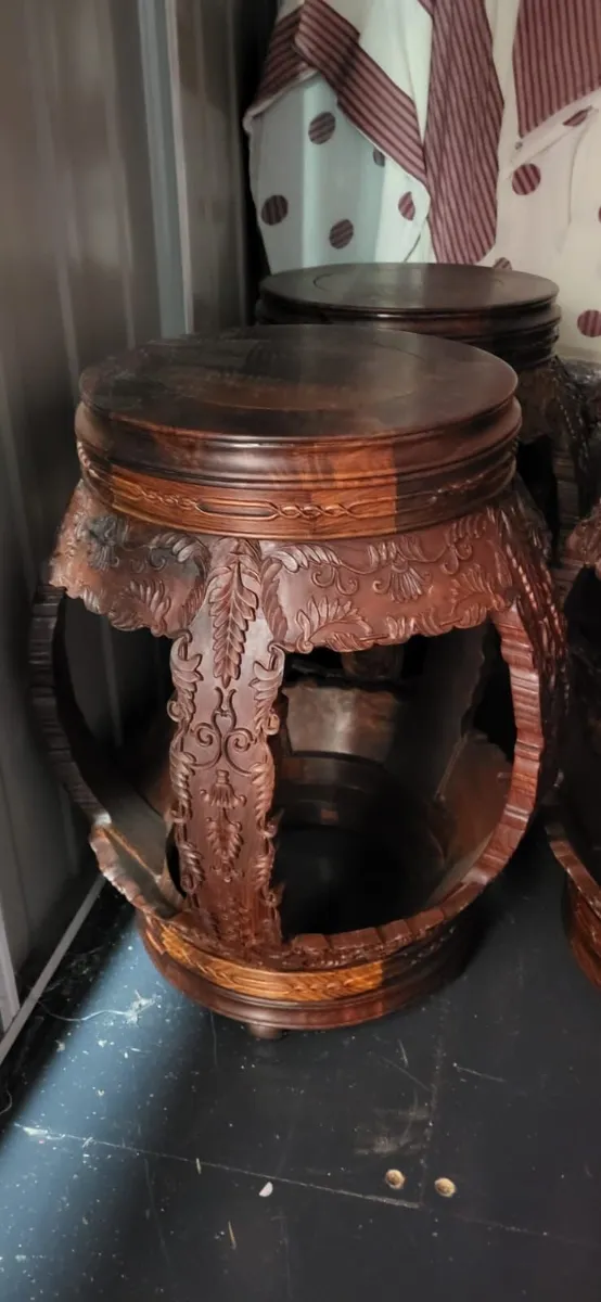 Antique Chinese Solid Wood Round Table 6 Stools - Image 3