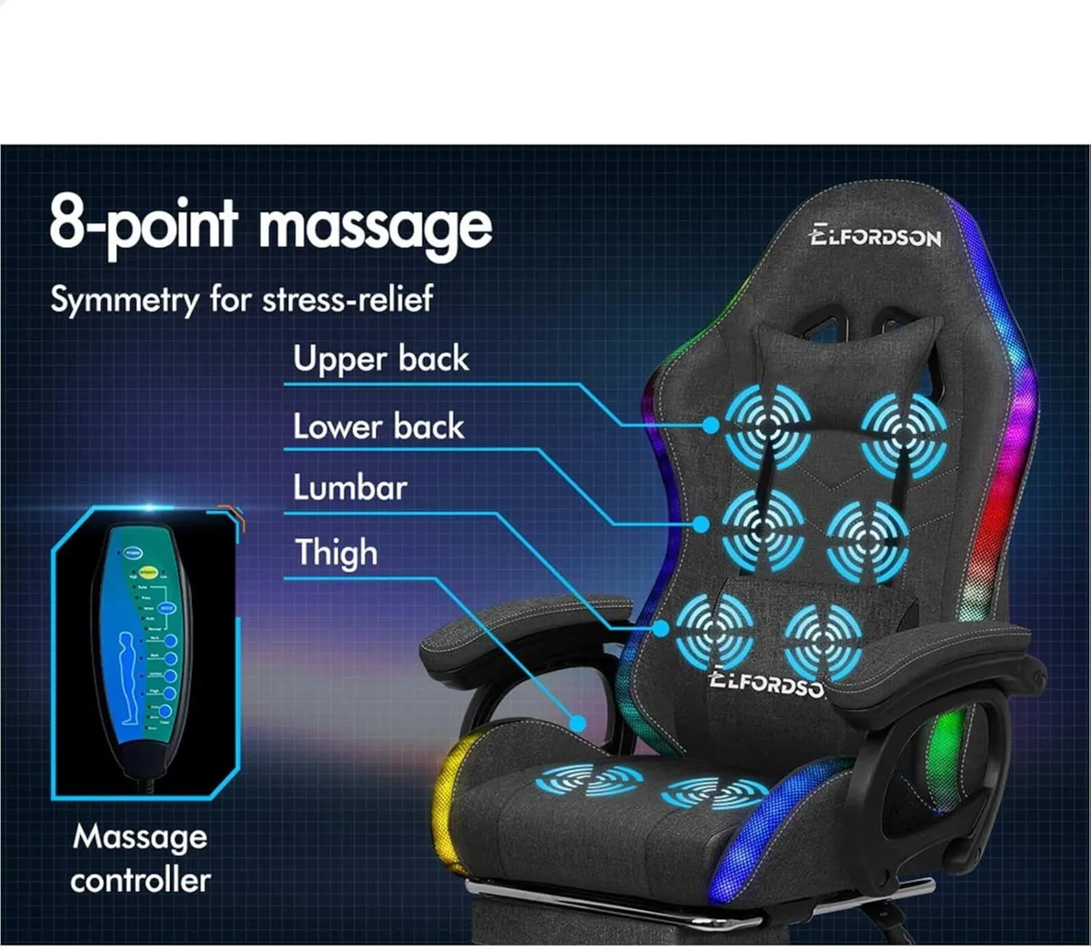 LED Gaming Chair with 8-Point Massage Swivel - Image 3
