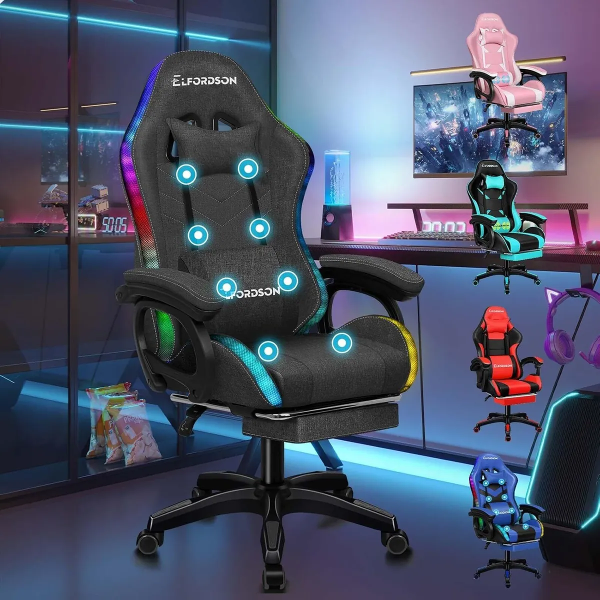LED Gaming Chair with 8-Point Massage Swivel - Image 1