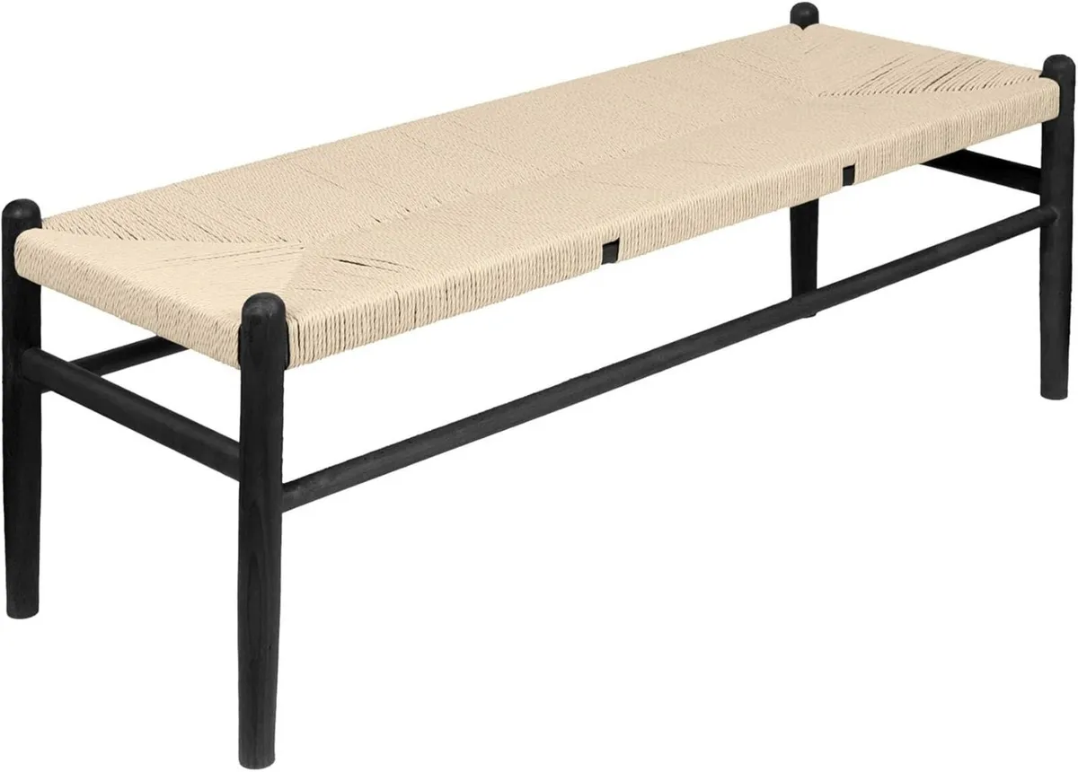 Wooden Dining Bench - Black/Natural Woven Rope - Image 3