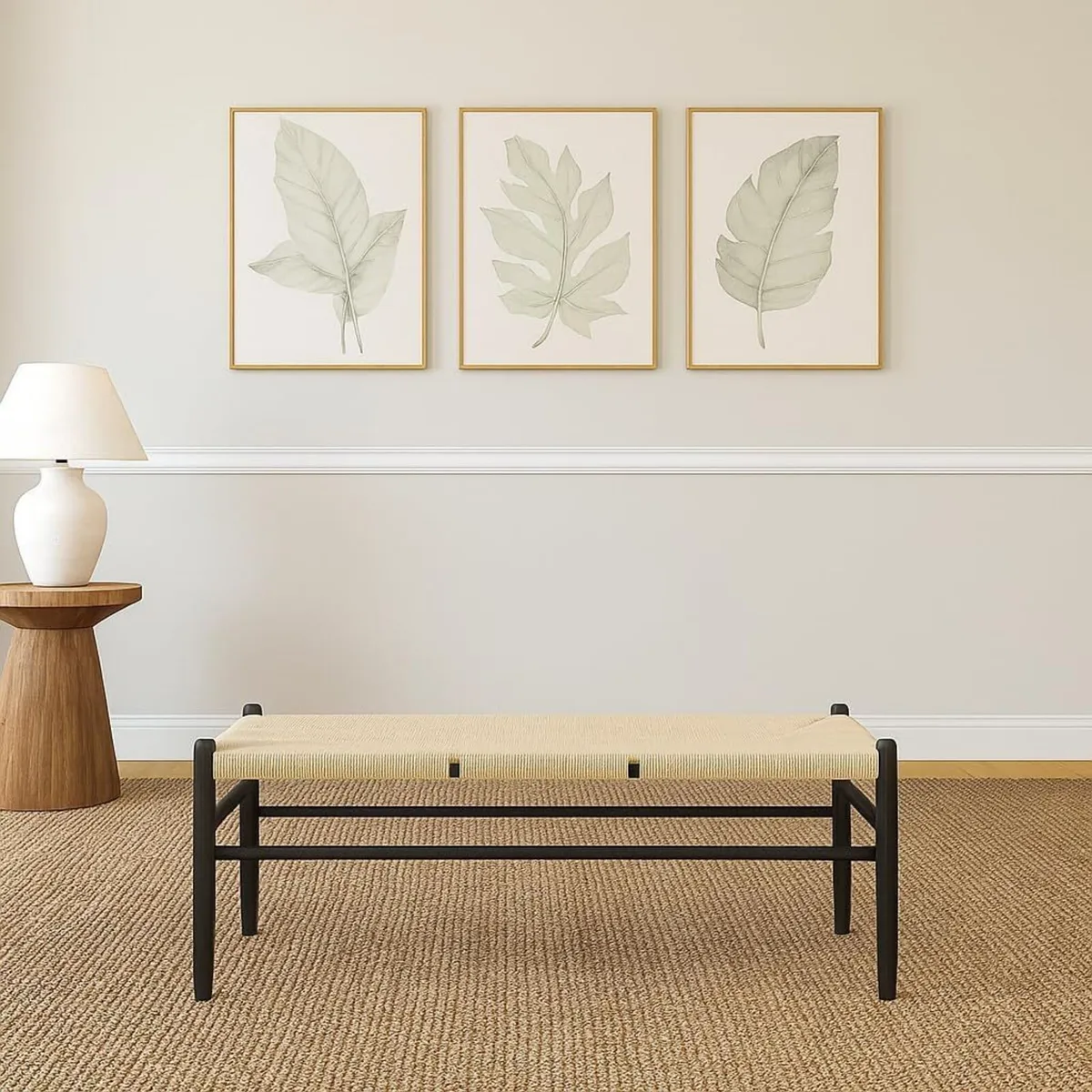 Wooden Dining Bench - Black/Natural Woven Rope - Image 1
