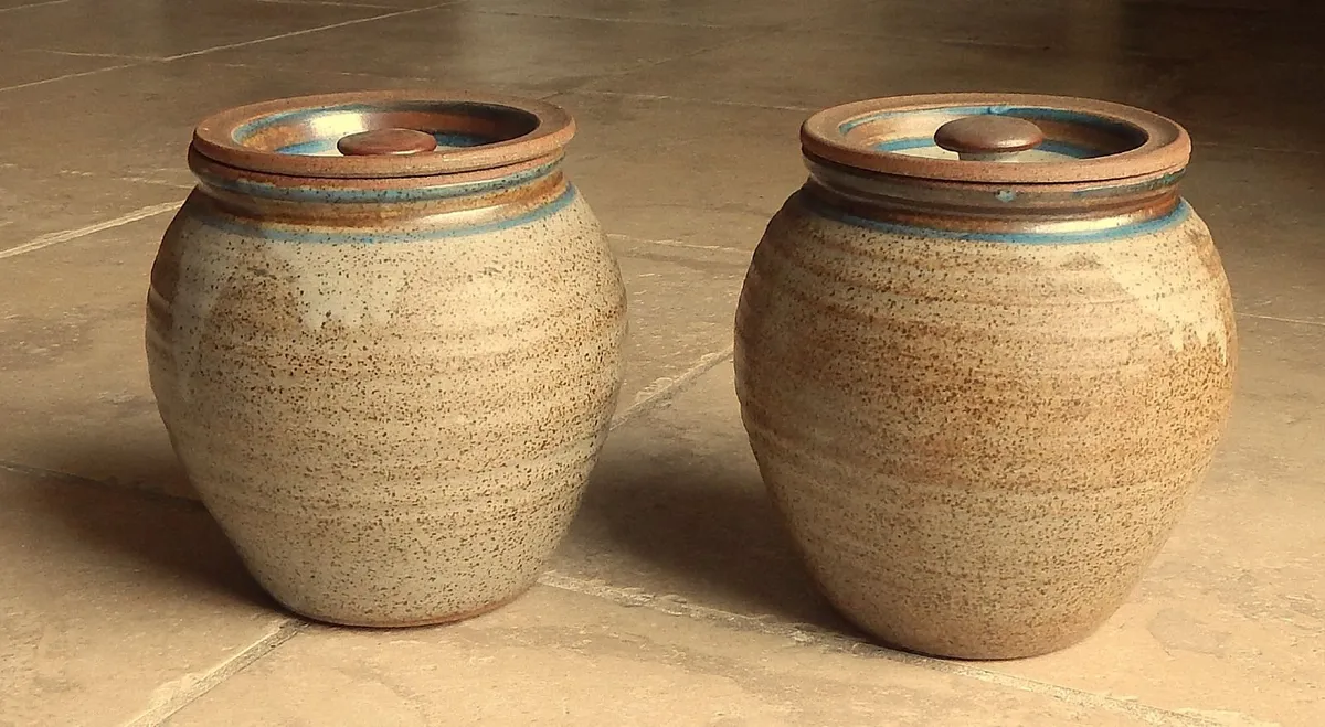 2 Stamped Salt Glazed Pottery Jars - Image 1