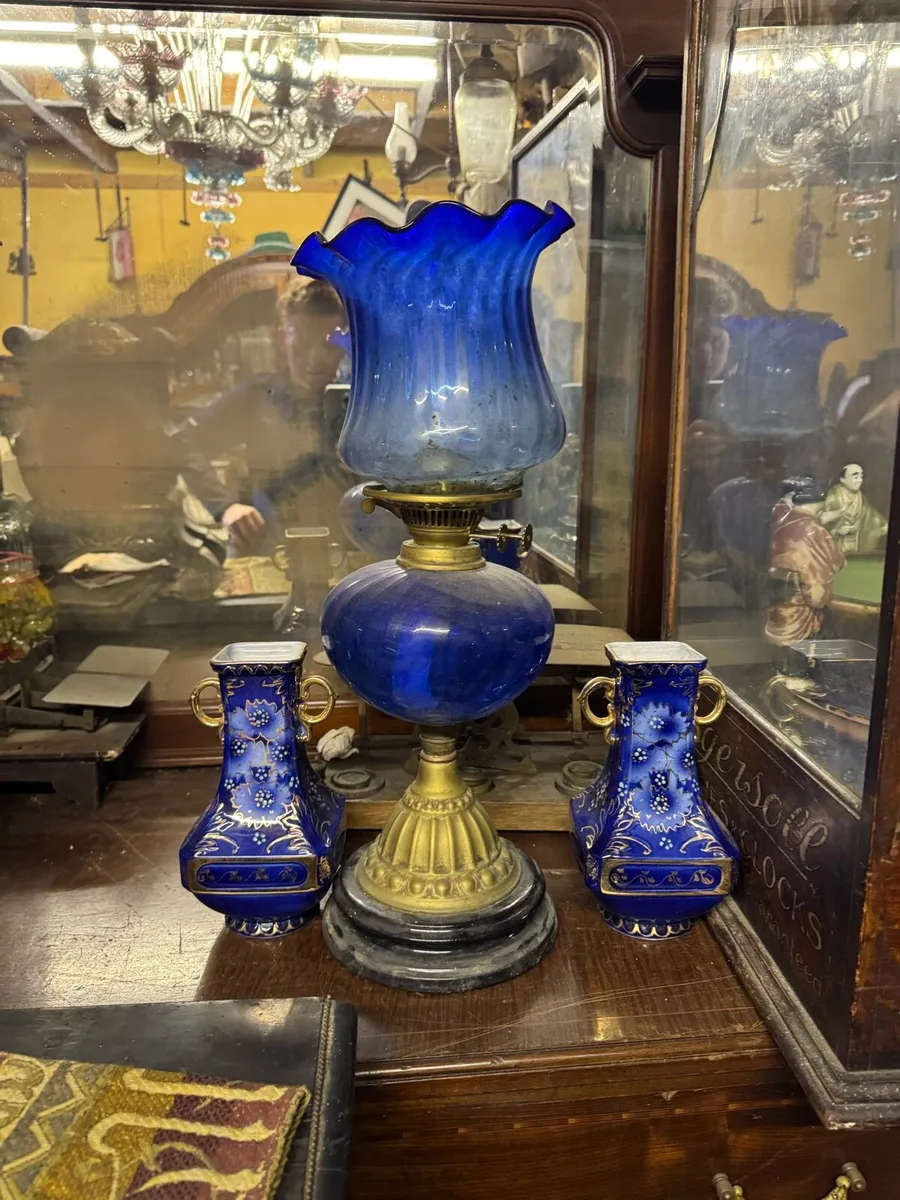 Rare Antique blue oil lamp - Image 1