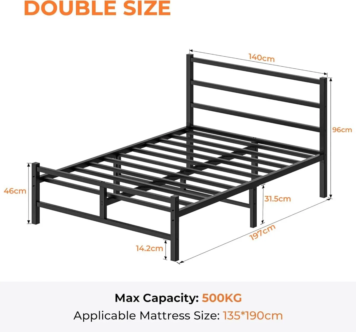 Double Bed Frame 4ft6 All Metal Slats Support - Image 2