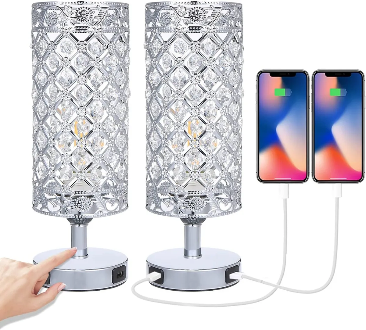 Touch Crystal Bedside Table Lamps Set of 2 with - Image 1