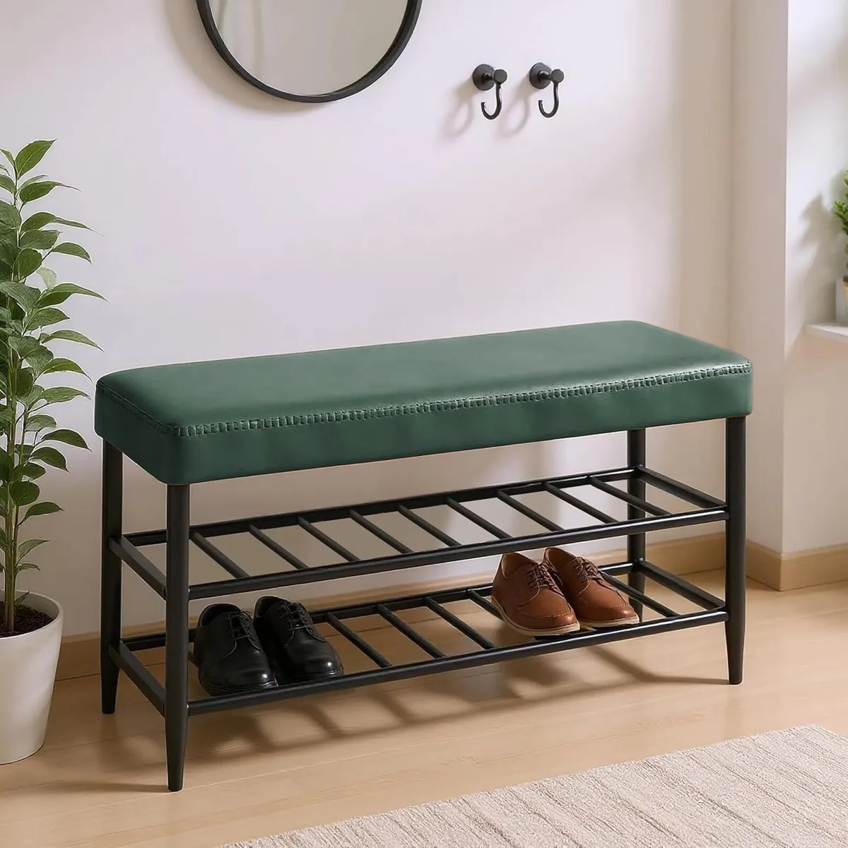 shoe bench padded faux leather seat 2 shelves for - Image 4