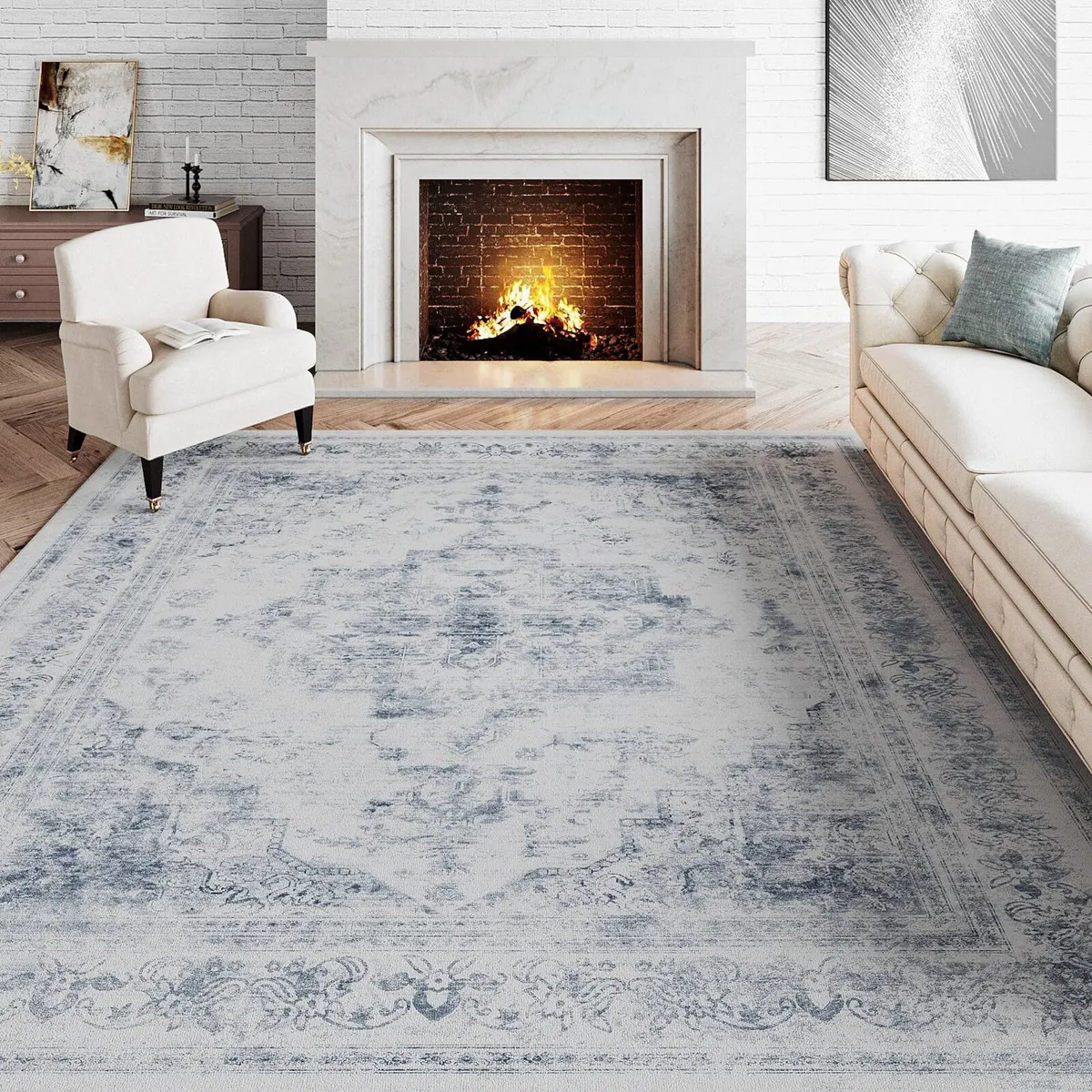 Vintage Blue Rugs Living Room Washable Non Slip - Image 1