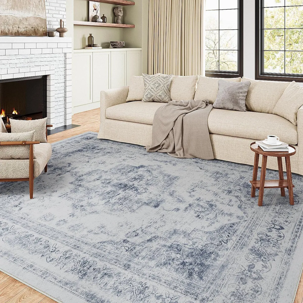 Vintage Blue Rugs Living Room Washable Non Slip - Image 4