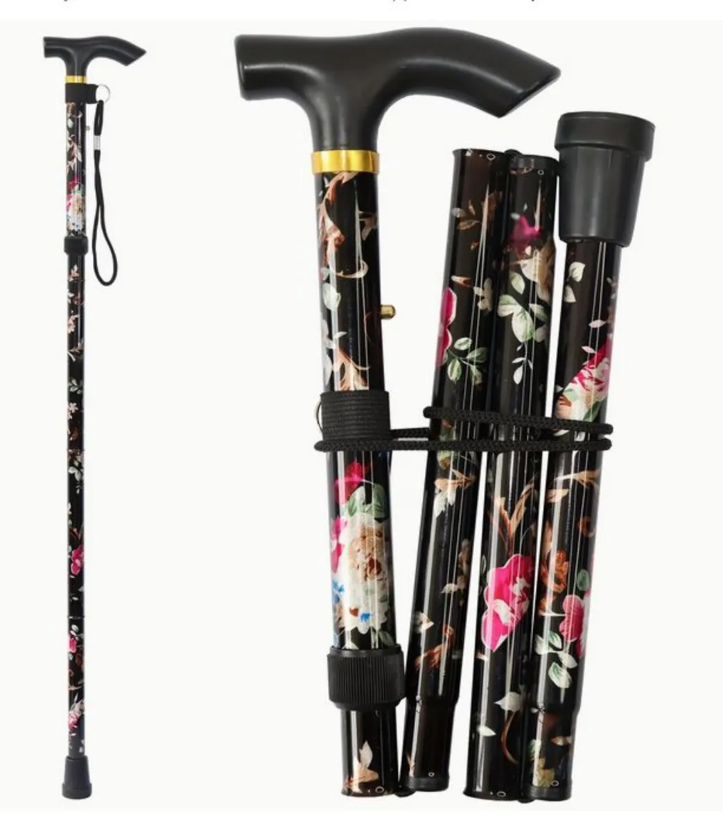 Folding Walking Stick, Floral Black - Image 2