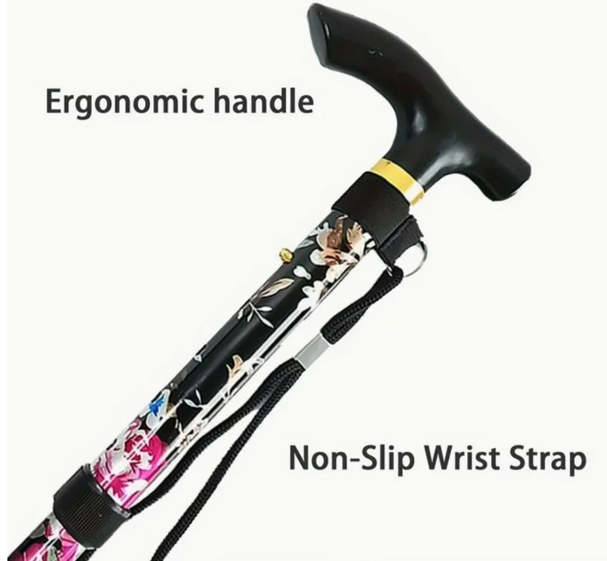 Folding Walking Stick, Floral Black - Image 3